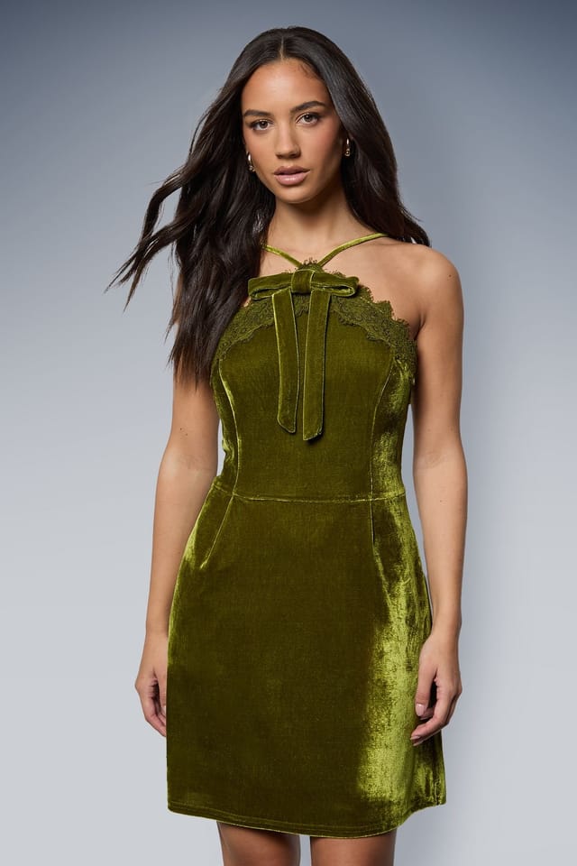 Oasis Oasis Women's Velvet Bow Front Lace Detail Mini Dress in Olive - 2