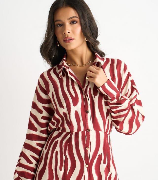 Gini London Women's Burgundy Zebra Print Shirt Dress Gini London New Look - 2