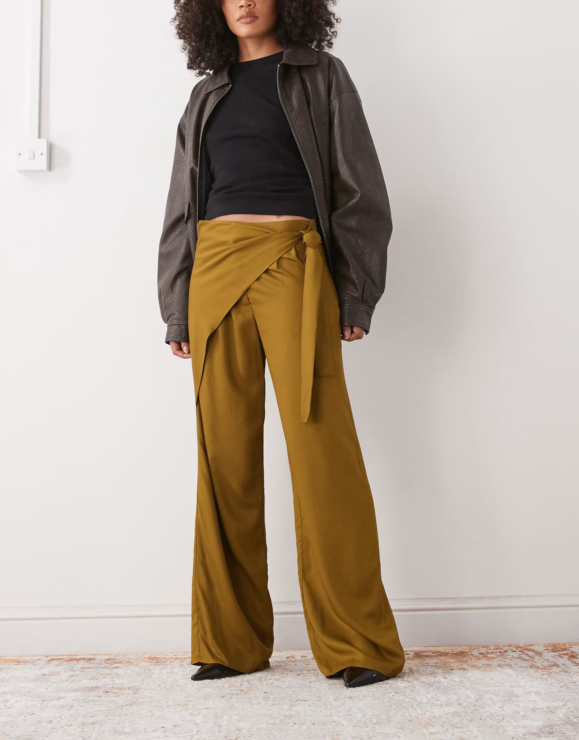 ASOS Reclaimed Vintage wide leg trouser with wrap tie detail in khaki green