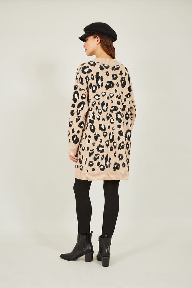 Yumi Yumi Women's Beige Animal Print Intarsia Knit Long Cardigan - 3