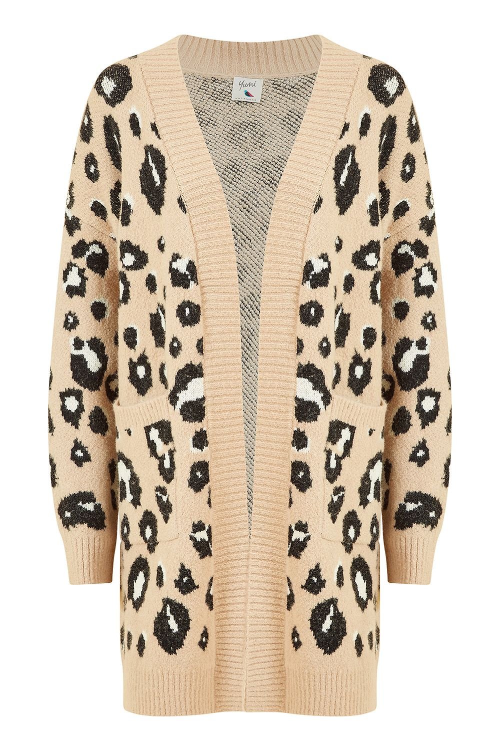Yumi Yumi Women's Beige Animal Print Intarsia Knit Long Cardigan - 4