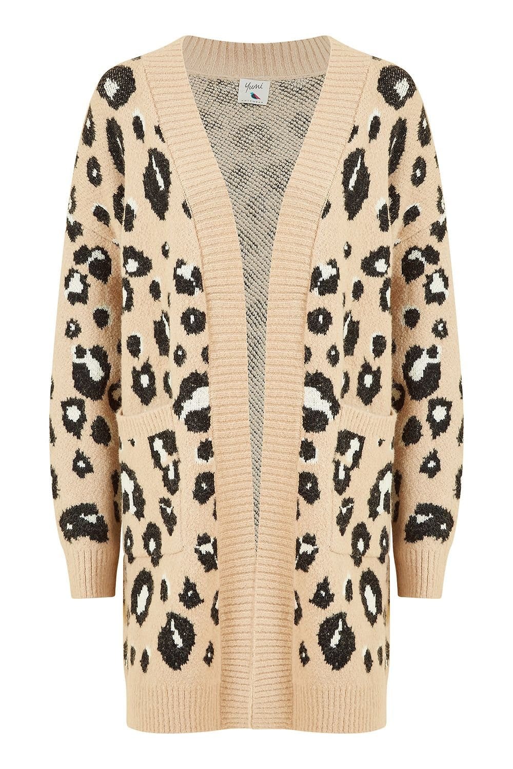 Yumi Yumi Women's Beige Animal Print Intarsia Knit Long Cardigan - 4