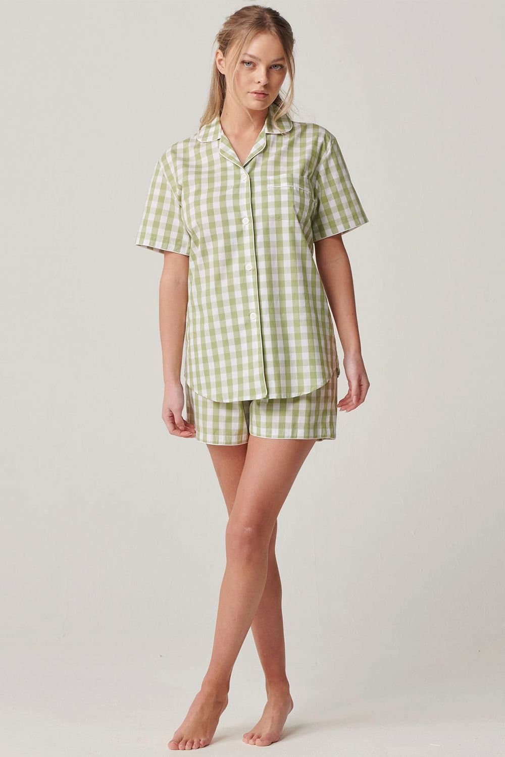 British Boxers British Boxers Women's "Field Green" Gingham Crisp Cotton Short Pyjama Set in Light Green