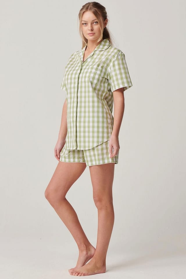 British Boxers British Boxers Women's "Field Green" Gingham Crisp Cotton Short Pyjama Set in Light Green - 2
