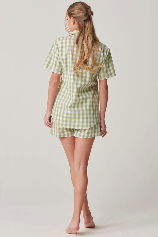 British Boxers British Boxers Women's "Field Green" Gingham Crisp Cotton Short Pyjama Set in Light Green - 3