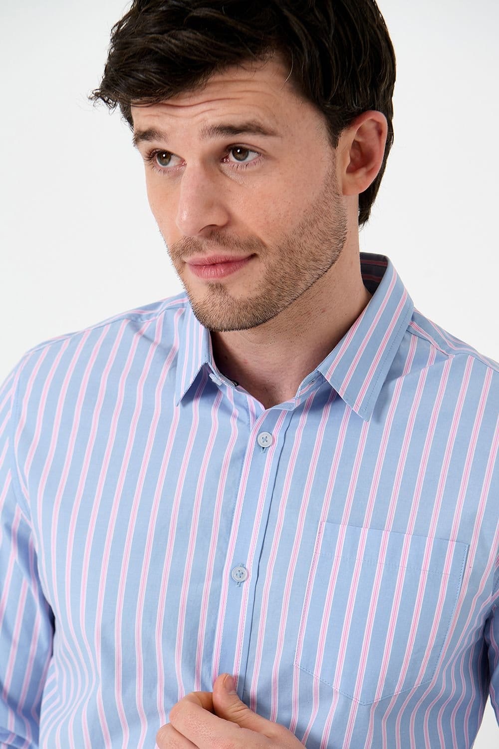 Saltwell Saltwell Men's Stripe Peached Cotton Long Sleeve Shirt in Blue - 4