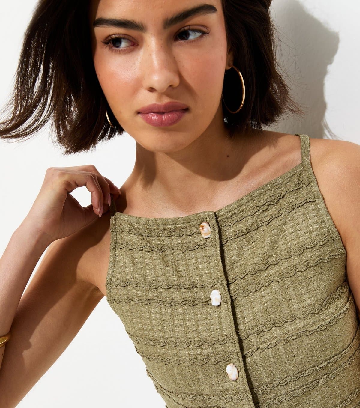 New Look Women's Khaki Textured Button Front Waistcoat New Look