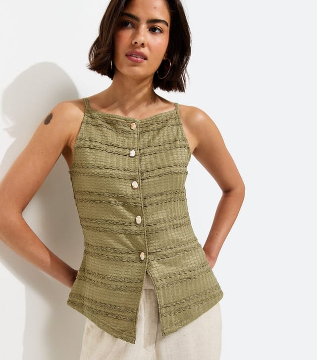 New Look Women's Khaki Textured Button Front Waistcoat New Look - 2