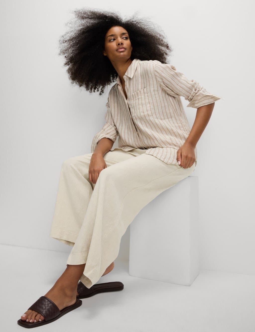 Marks & Spencer M&S Oatmeal Linen Rich Wide Leg Cropped Trousers