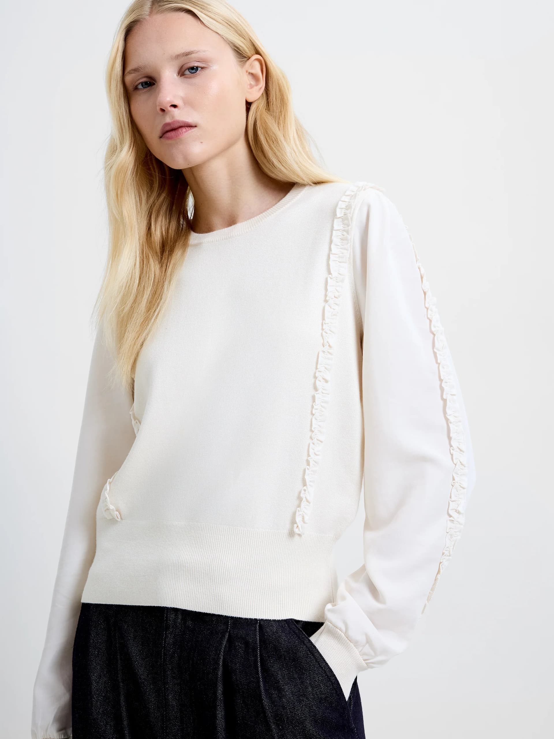 French Connection Krista Mix Ruffle Sleeves Jumper Porcelain Cream