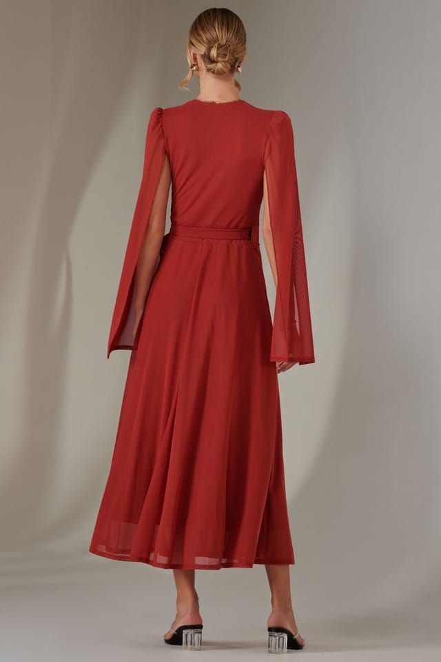 Jolie Moi Jolie Moi Women's Cape Sleeve Wrap Maxi Dress in Red - 2