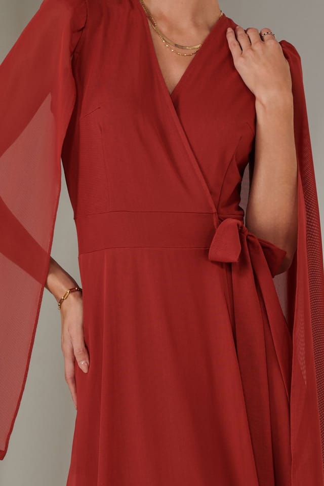 Jolie Moi Jolie Moi Women's Cape Sleeve Wrap Maxi Dress in Red - 3