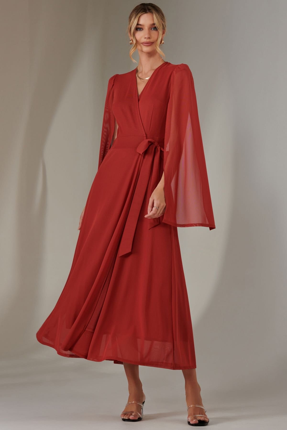 Jolie Moi Jolie Moi Women's Cape Sleeve Wrap Maxi Dress in Red - 4