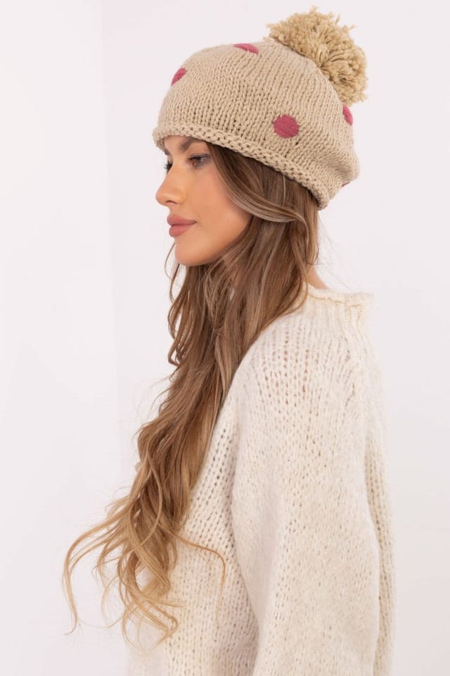 Love Lace Love Lace Women's Charming Winter Beanie with Decorative Dots & Fluffy Pom Pom in Beige - 2