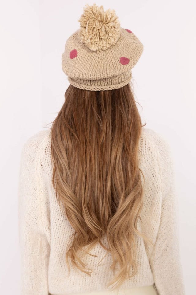 Love Lace Love Lace Women's Charming Winter Beanie with Decorative Dots & Fluffy Pom Pom in Beige - 3