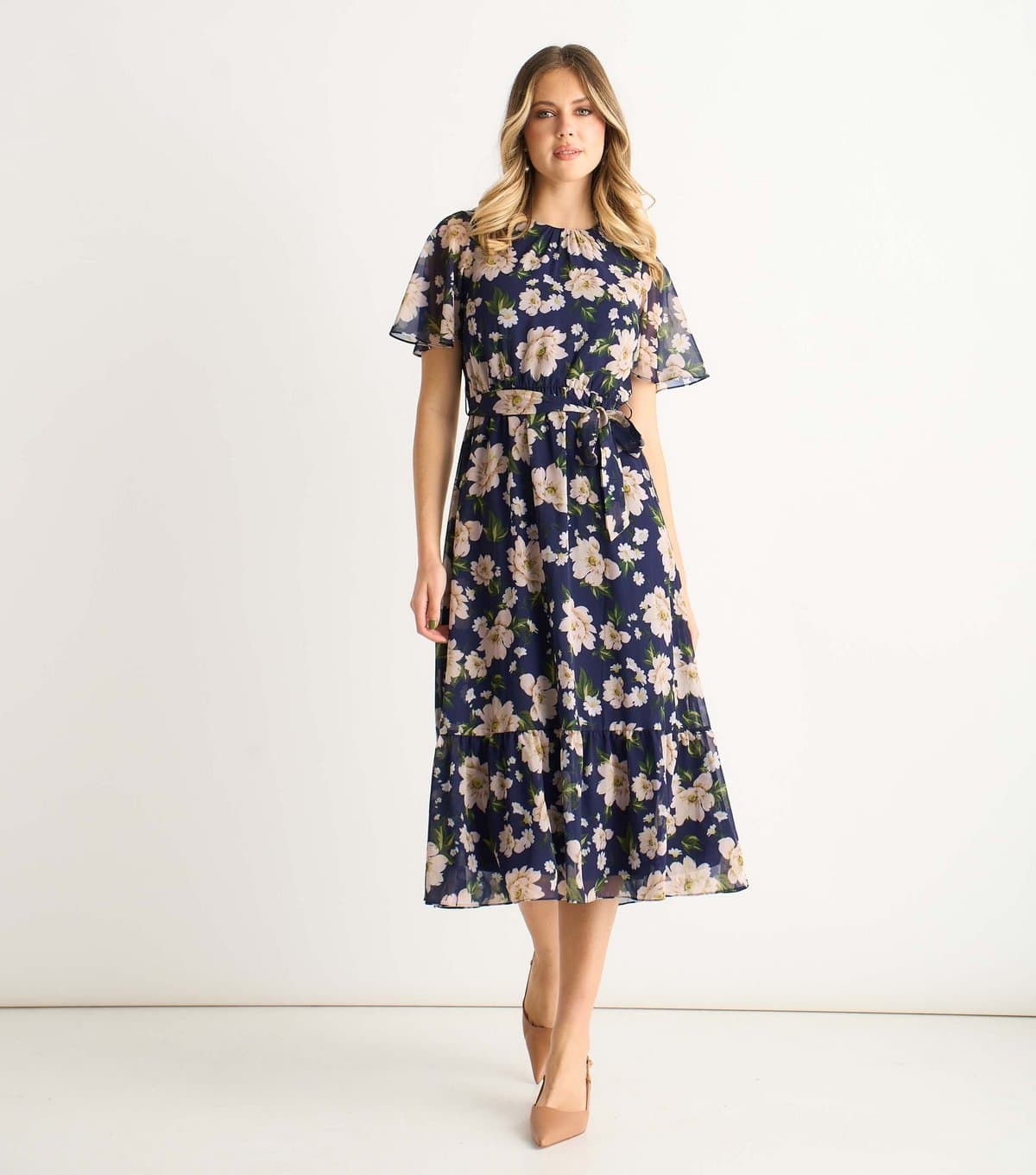 Gini London Women's Navy Fit And Flare Floral Midi Dress Gini London New Look