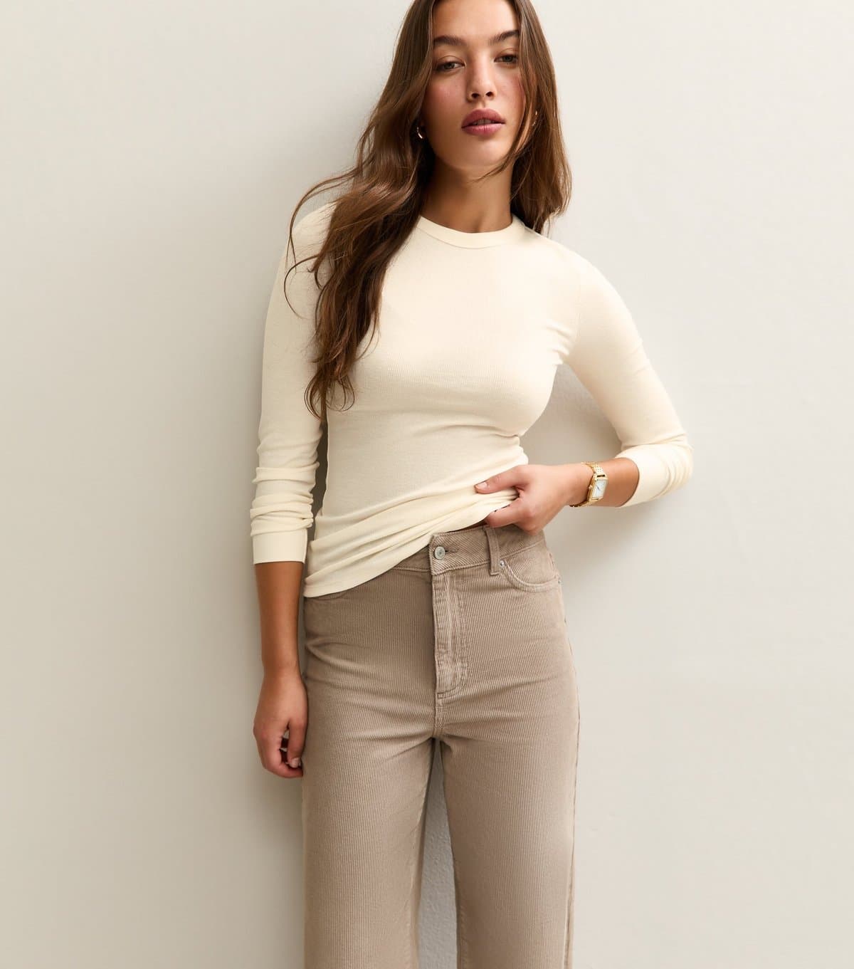 New Look Women's Off White Long Sleeve Ribbed Crew Neck Top New Look