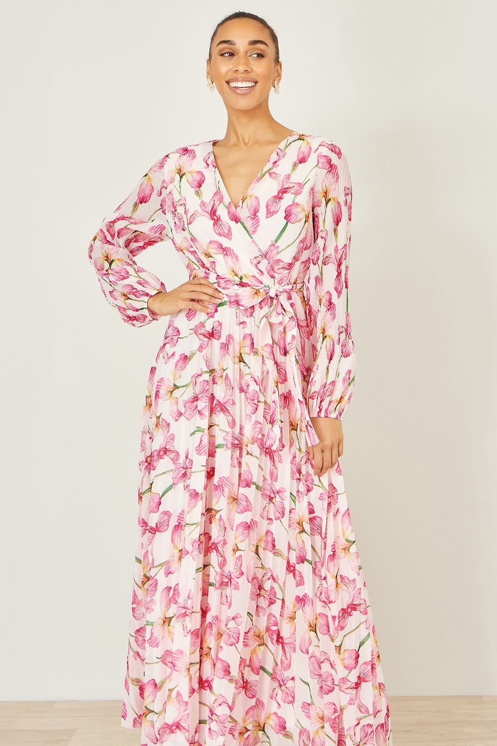 Yumi Yumi Women's White Orchid Floral Pleated Wrap Maxi Dress in Ivory