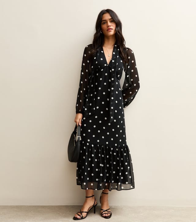 New Look Women's Black Polka Dot Bow Chiffon Midi Dress New Look - 3