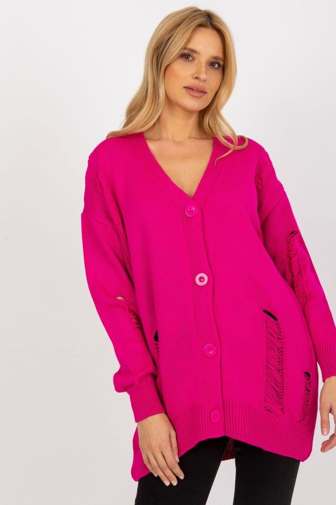 Love Lace Love Lace Women's Heart Neck Button Down Long Sleeve Eyelet Cardigan in Pink