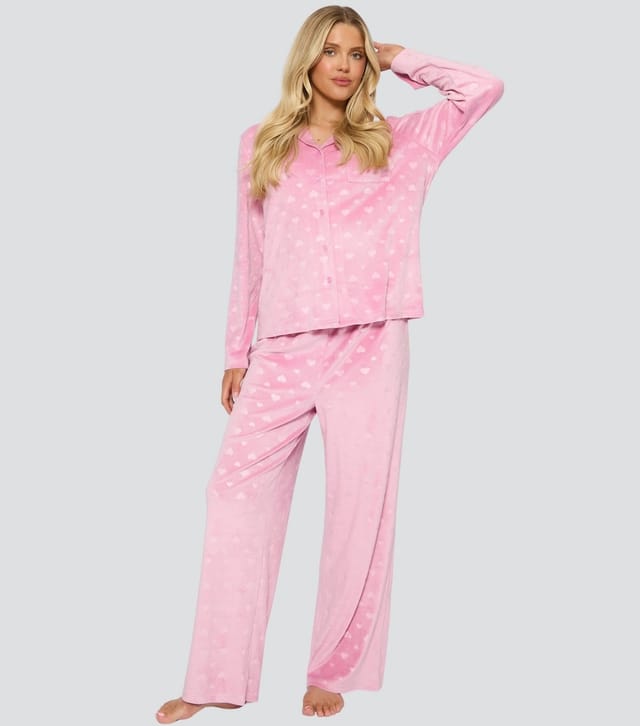 Loungeable Women's Valentines Pink Heart Super Soft Velour Buttoned Pyjama Set Loungeable New Look - 3