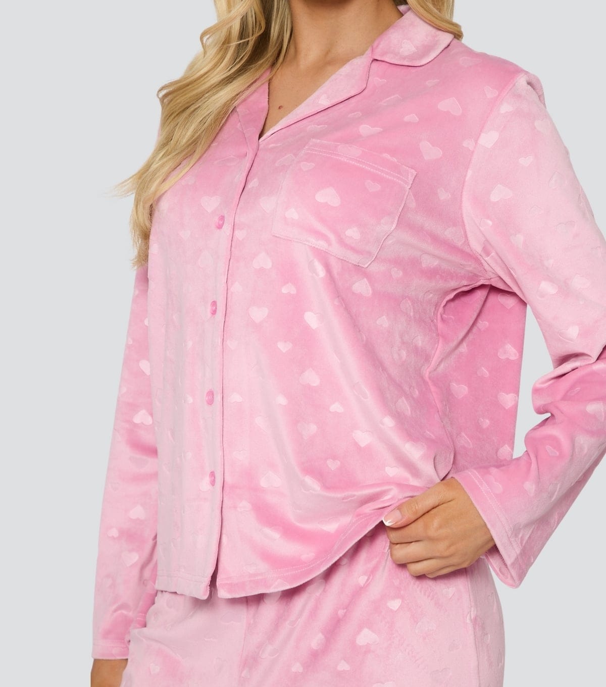 Loungeable Women's Valentines Pink Heart Super Soft Velour Buttoned Pyjama Set Loungeable New Look - 4