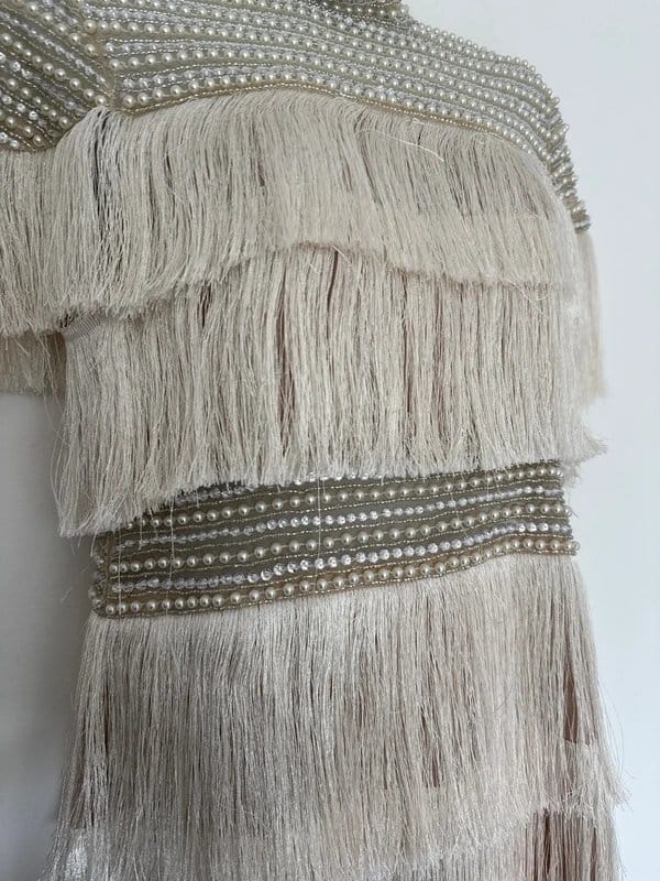 River Island River Island Beige Pearl Embellished Fringe Mini Dress Flapper Style -size 10 - 1