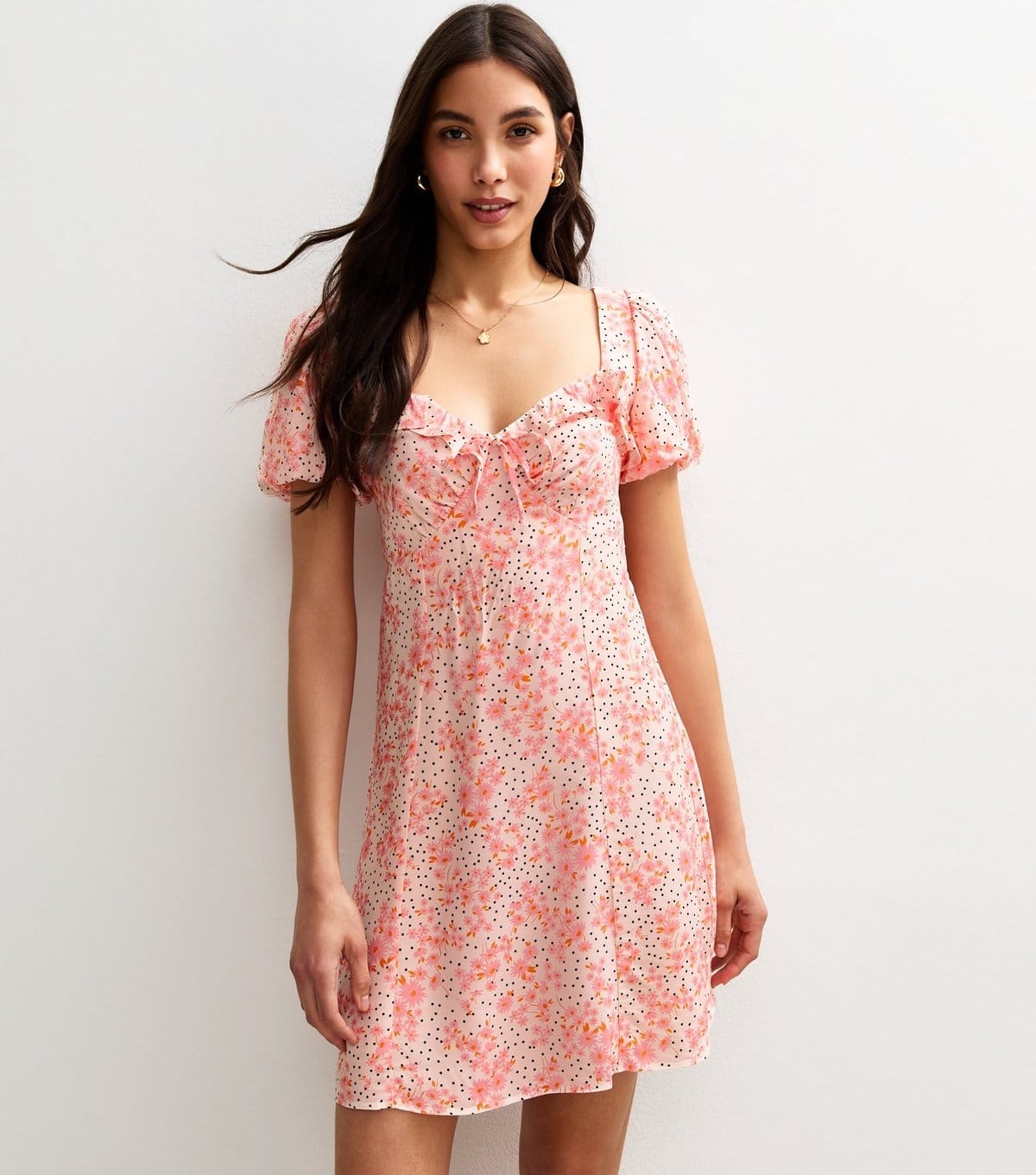 New Look Pink Abstract Print Ruffle Trim Mini Dress