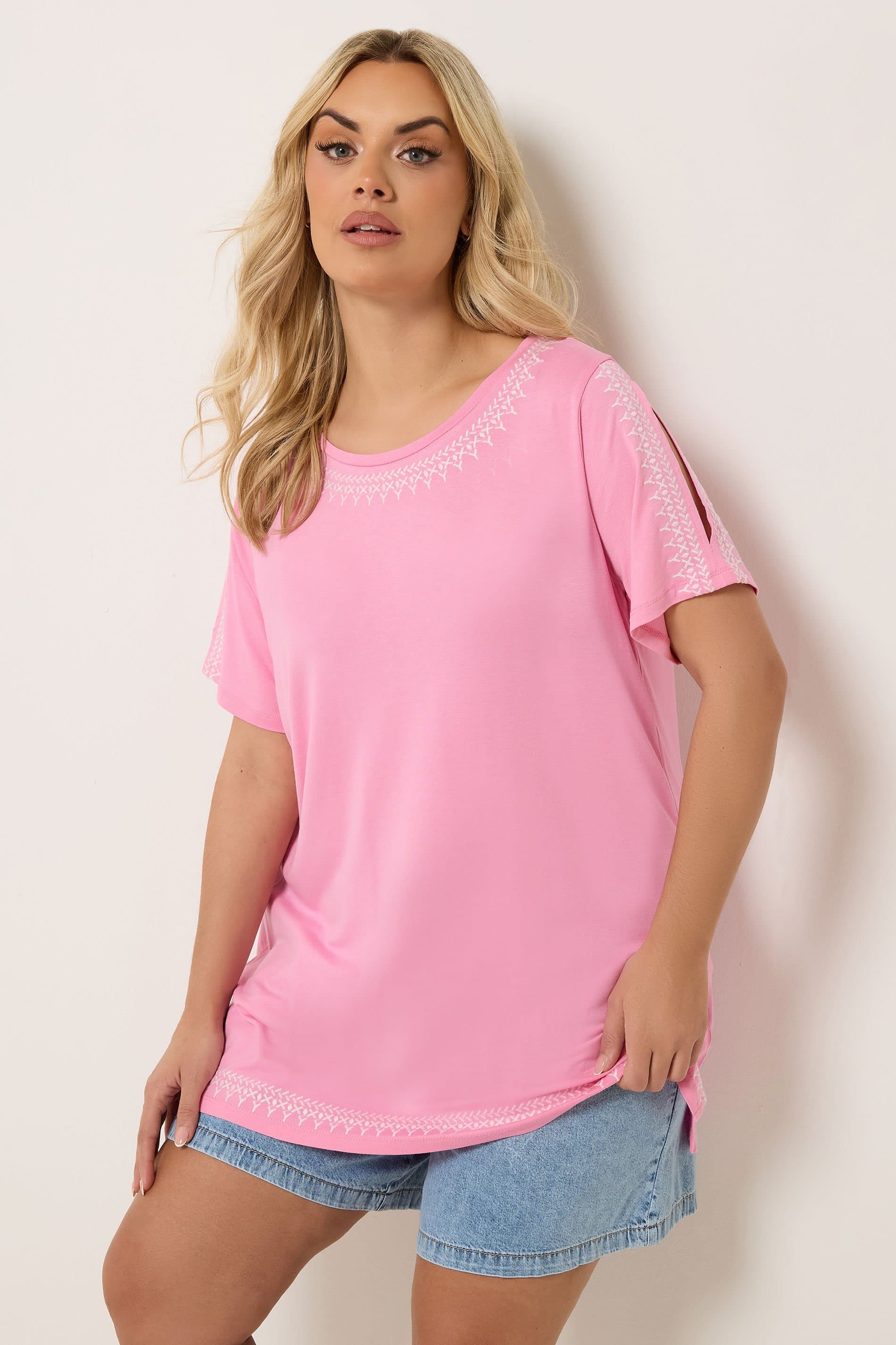 Yours Plus Size Pink Embroidered Cold Shoulder Tshirt