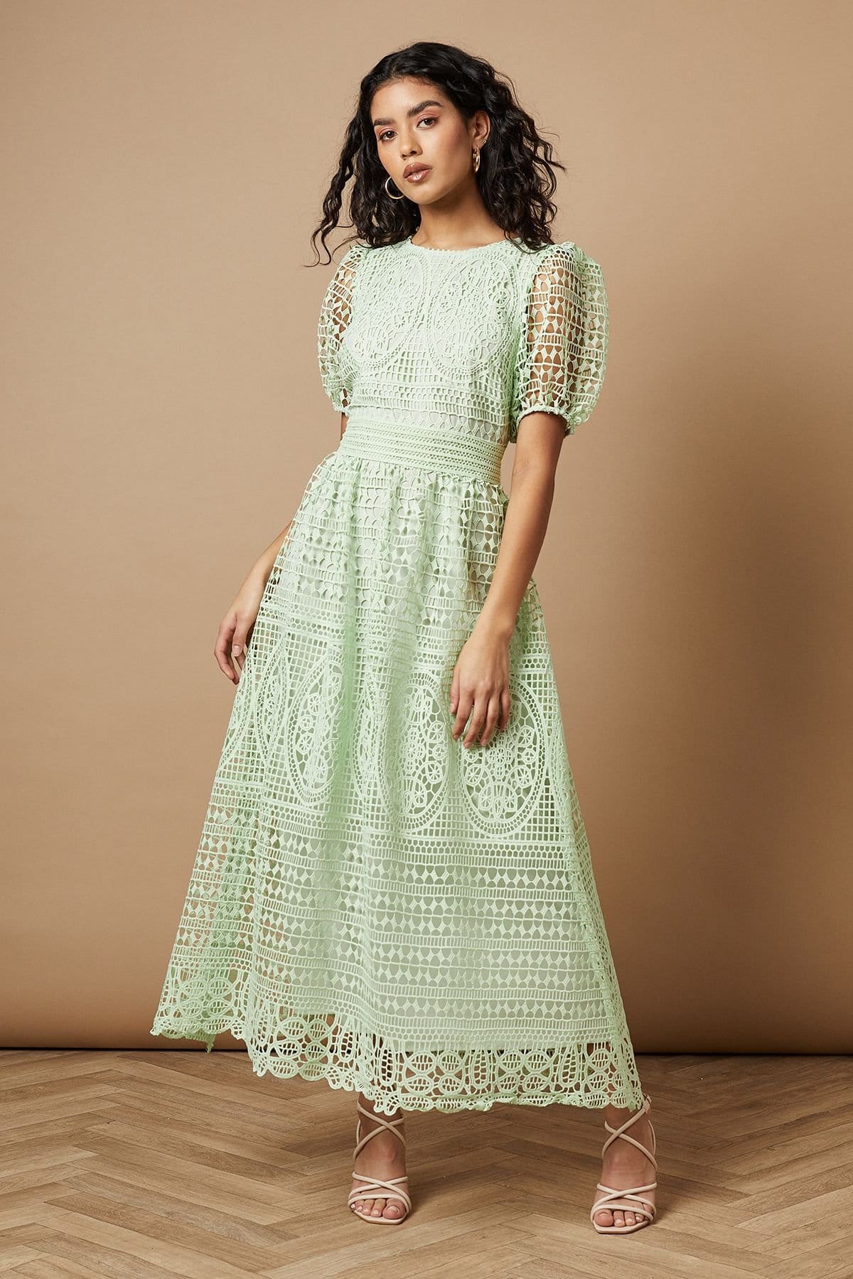 Oasis Women's Petite Lace Puff Sleeve Midaxi Dress in Pistachio