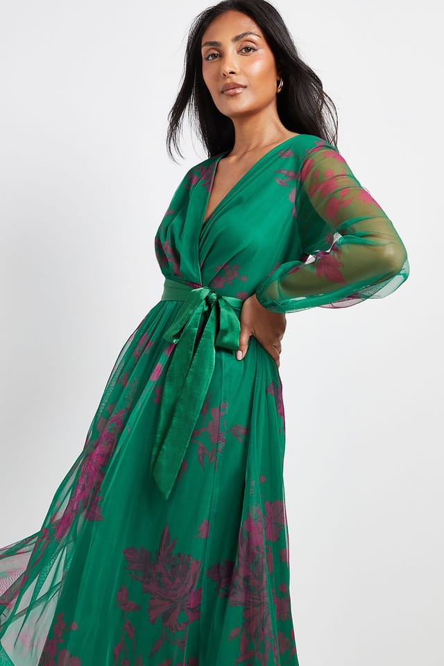 Wallis Wallis Women's Petite Floral Mesh Satin Tie Midi Dress in Green - 2