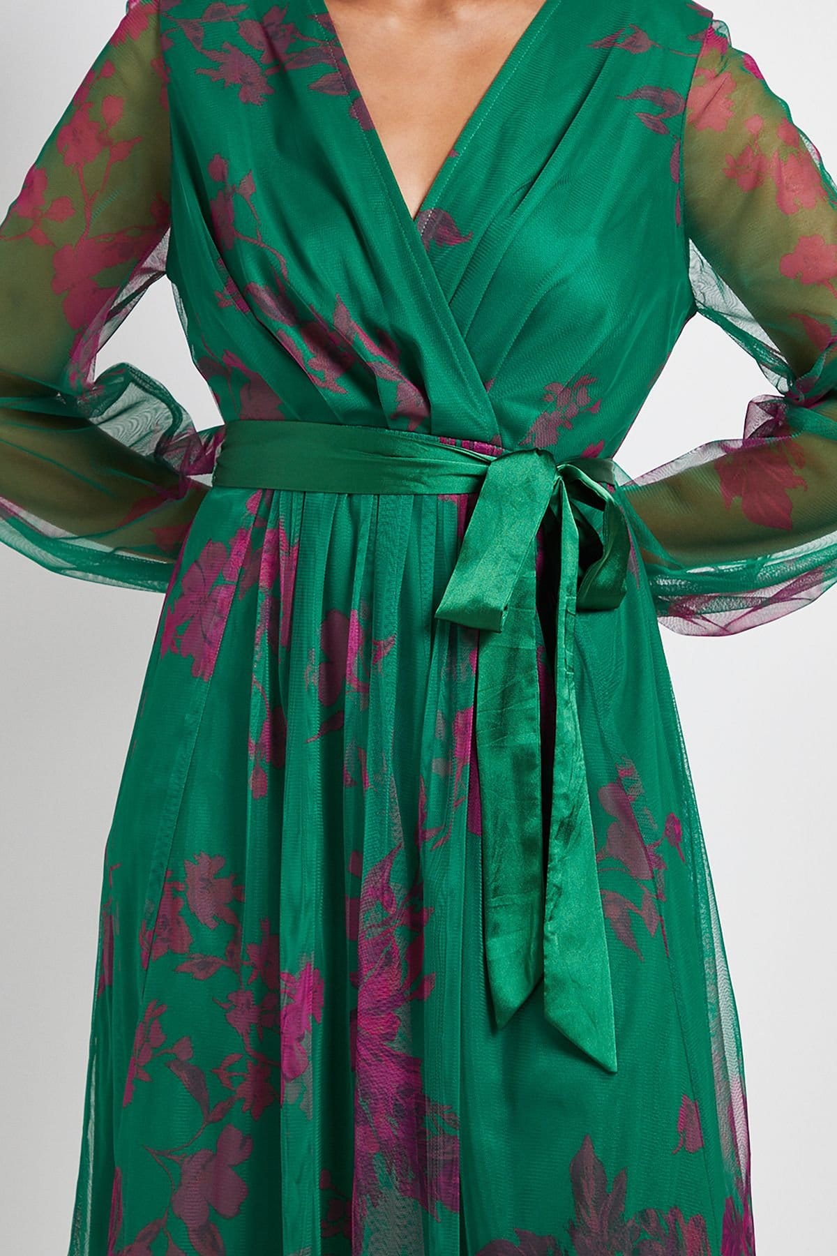 Wallis Wallis Women's Petite Floral Mesh Satin Tie Midi Dress in Green - 4