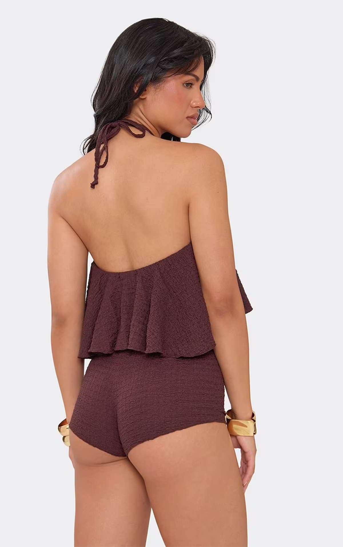 EGO Halterneck Bead Detail Ruffle Playsuit In Chocolate Brown, Women's Size UK 6