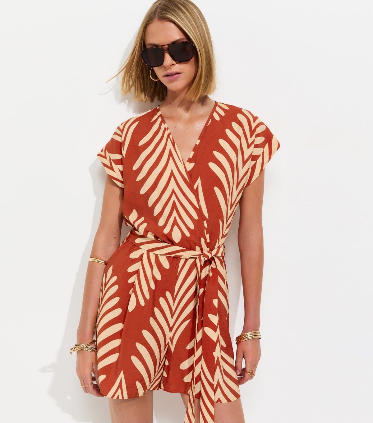 New Look Women's Orange Woven Palm Print Playsuit New Look
