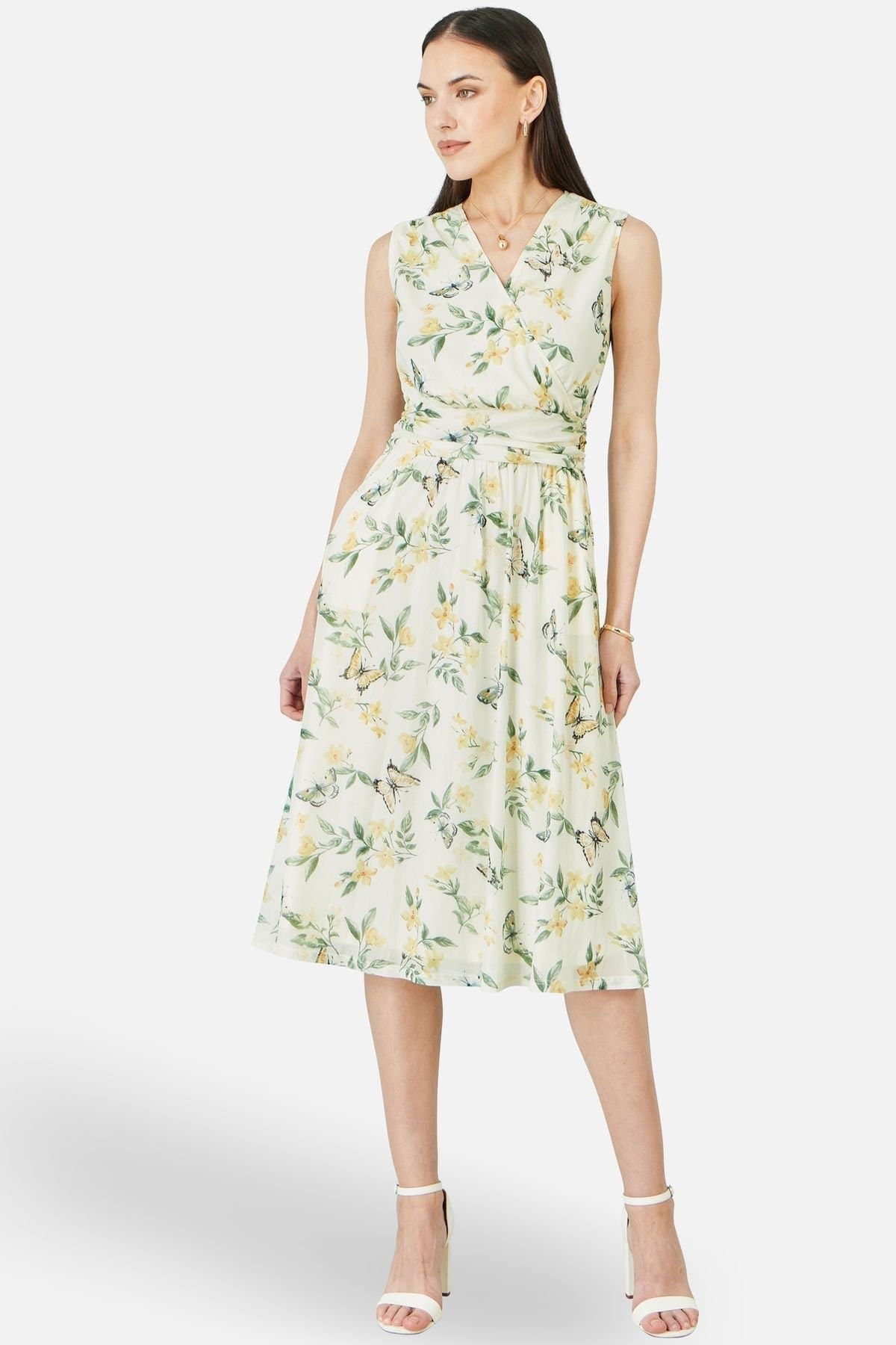 Yumi Yumi Women's Floral Print Mesh Stretch Midi Dress With Pockets in Warm White