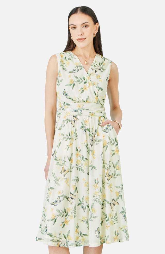 Yumi Yumi Women's Floral Print Mesh Stretch Midi Dress With Pockets in Warm White - 2