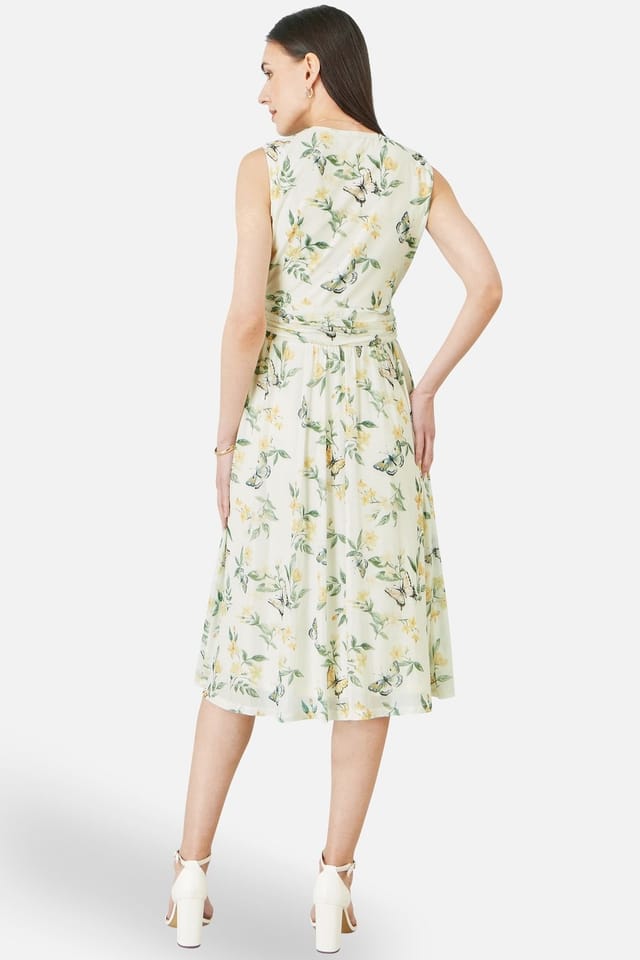 Yumi Yumi Women's Floral Print Mesh Stretch Midi Dress With Pockets in Warm White - 3
