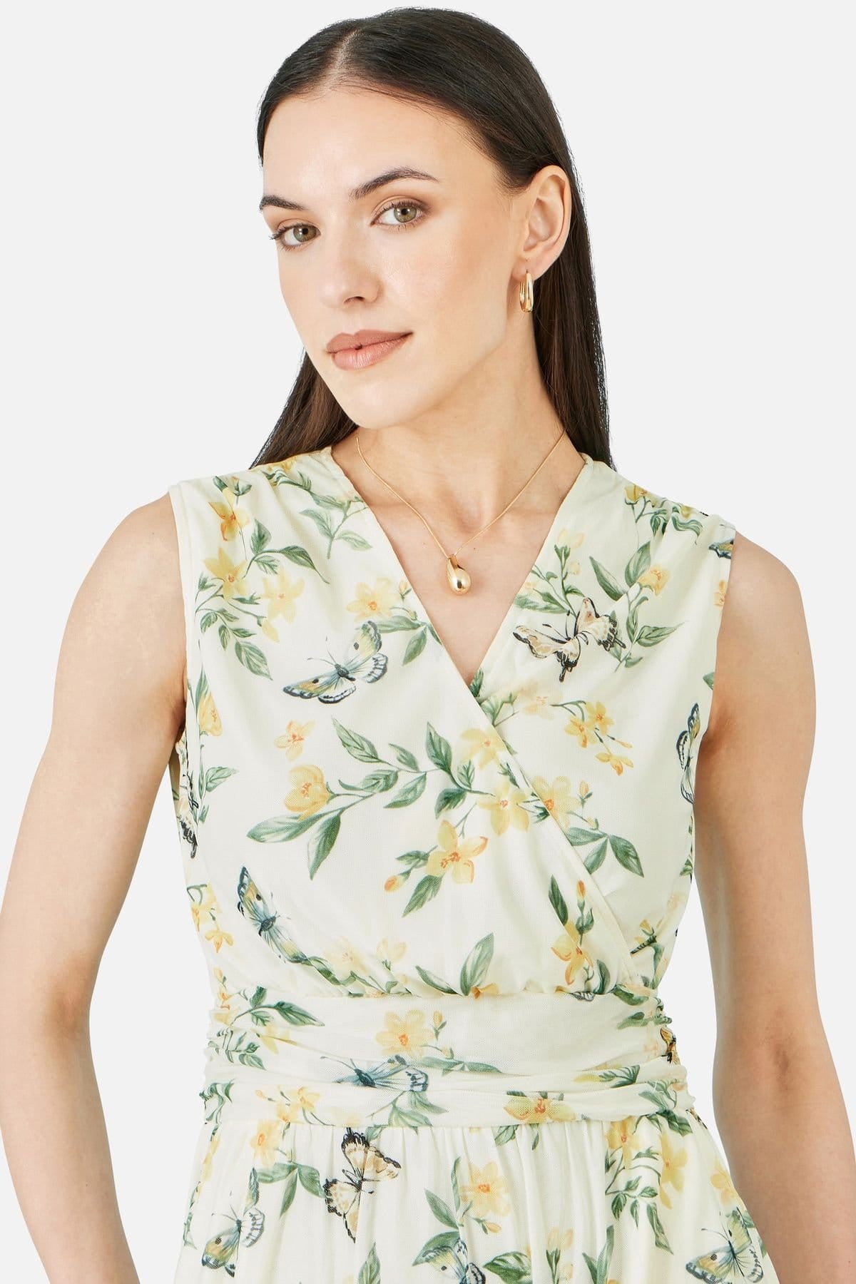 Yumi Yumi Women's Floral Print Mesh Stretch Midi Dress With Pockets in Warm White - 4