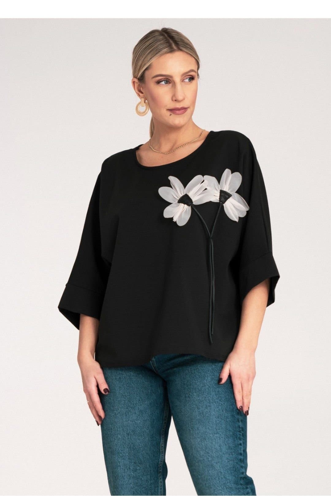 Love Lace Love Lace Women's Loose Kimono Blouse With Flower Chest Trim in Black