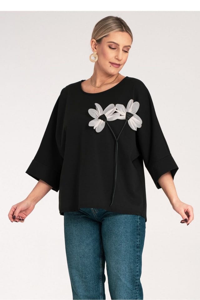 Love Lace Love Lace Women's Loose Kimono Blouse With Flower Chest Trim in Black - 2