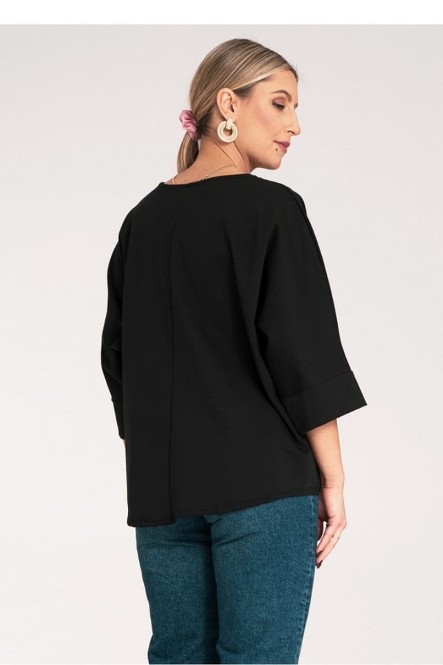 Love Lace Love Lace Women's Loose Kimono Blouse With Flower Chest Trim in Black - 3