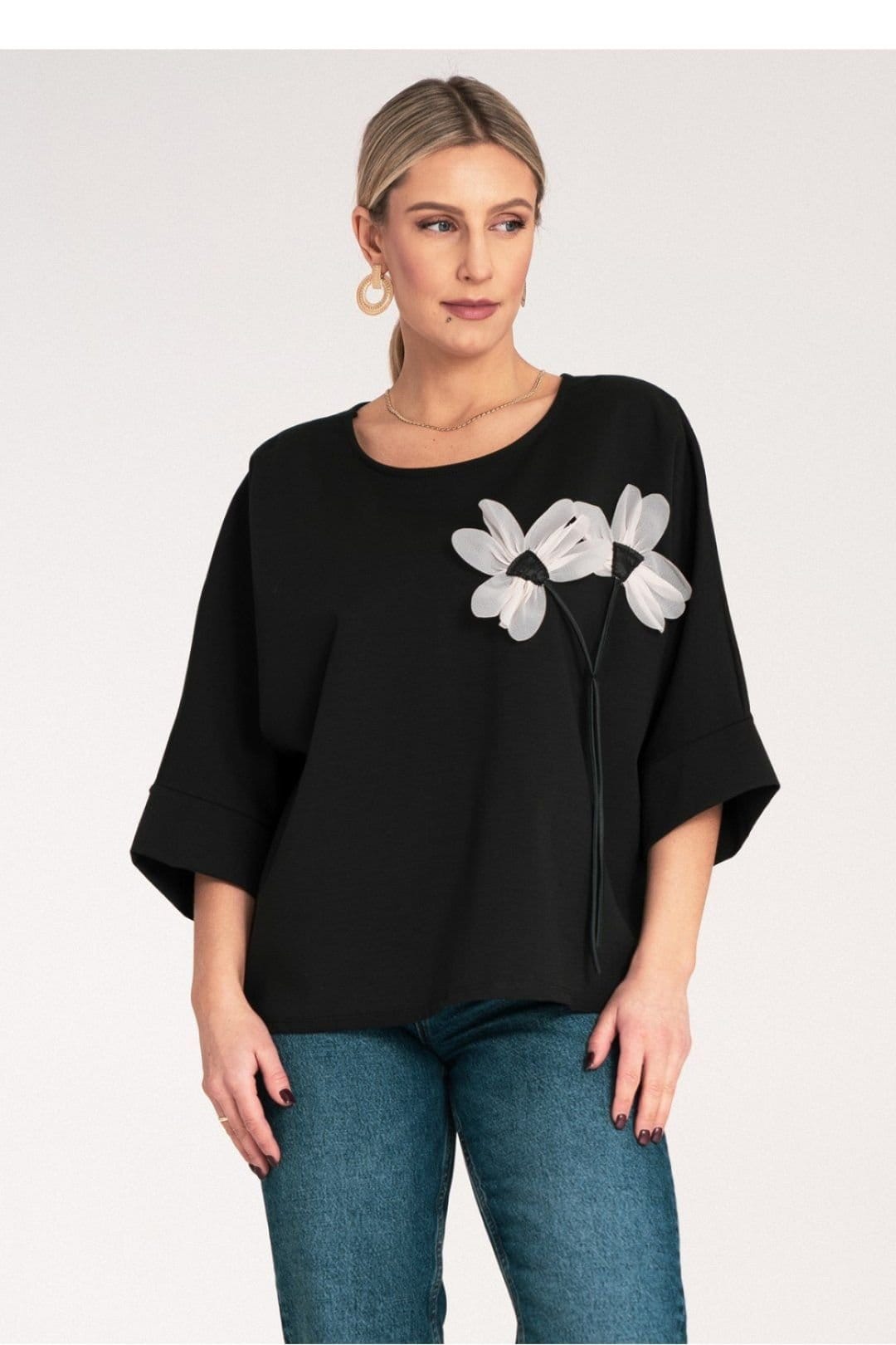 Love Lace Love Lace Women's Loose Kimono Blouse With Flower Chest Trim in Black - 4