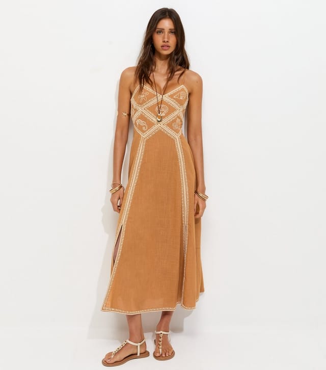 New Look Women's Dark Yellow Shell Embroidered Strappy Midi Dress New Look - 3