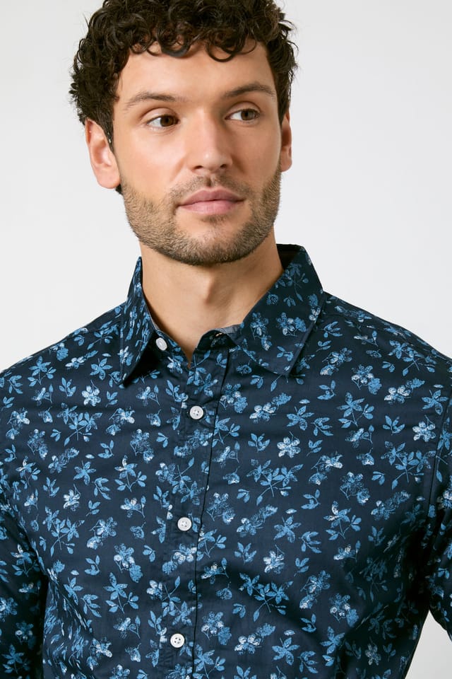 Maine Maine Men's Navy Floral Print Long Sleeve Shirt - 2