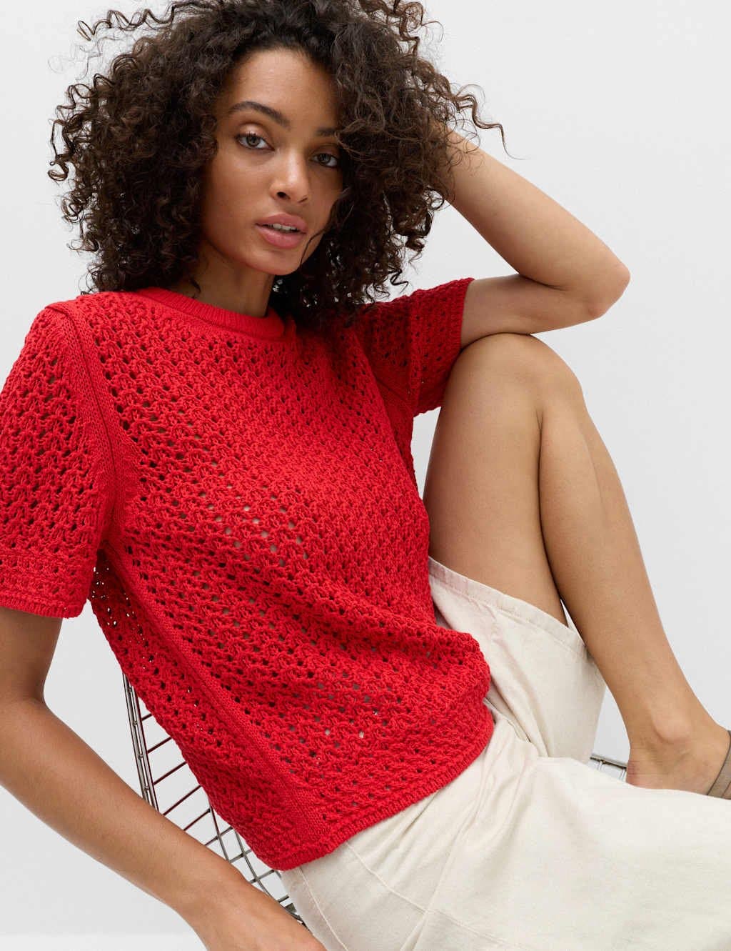 Marks & Spencer M&S Cotton Blend Textured Knitted Top Chilli
