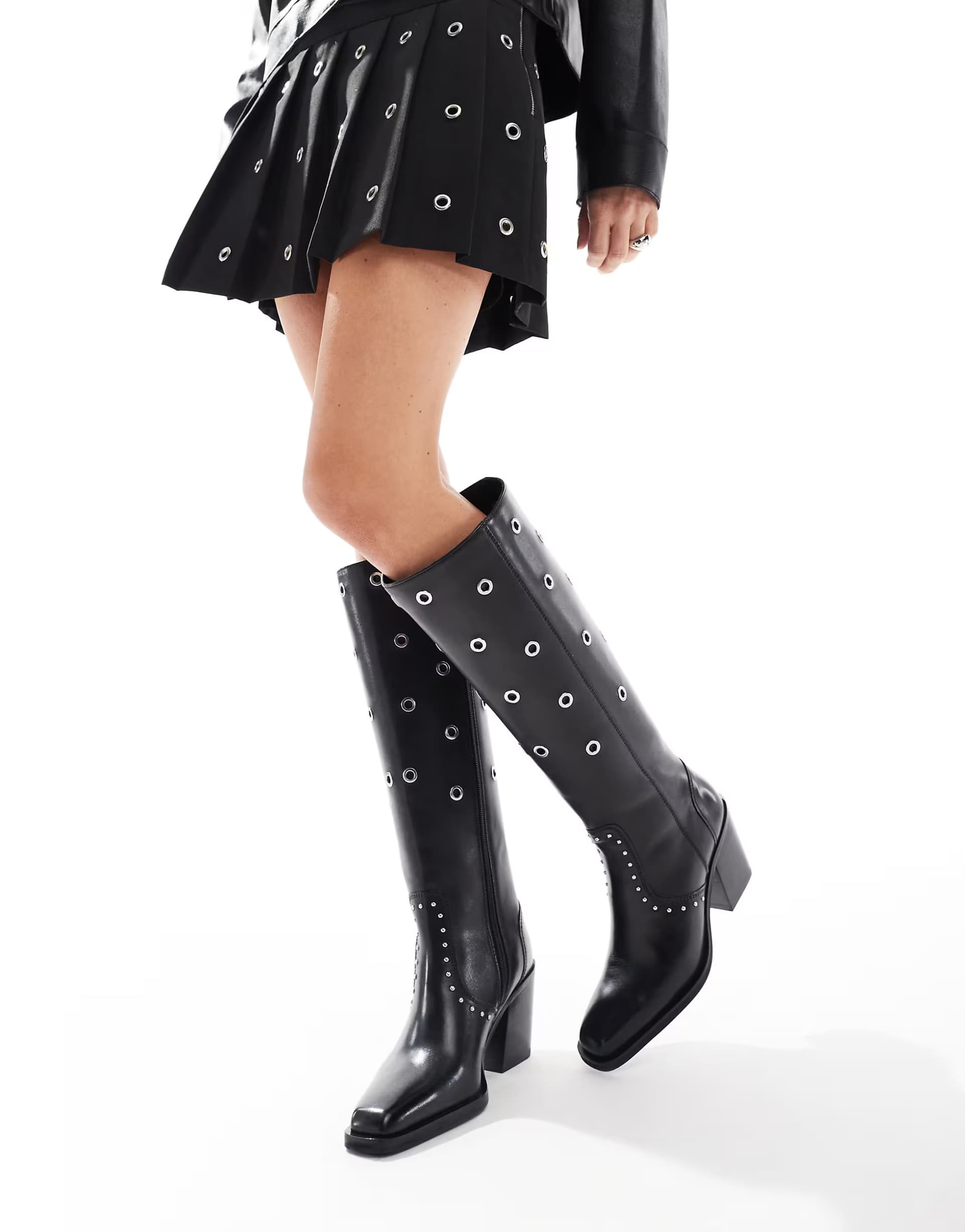 ASOS OFF THE HOOK 'JESMOND' Leather Block Heel Knee Boots in Black