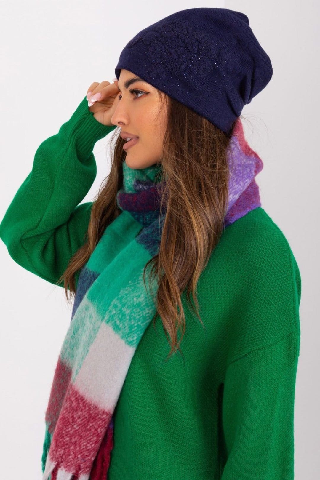 Love Lace Love Lace Women's Warm Cashmere Beanie Hat with Rhinestone Decorative Trim in Blue - 4