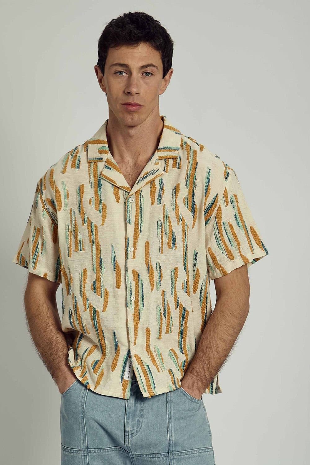 Native Youth Native Youth Men's Cotton Textured Boxy Button Short Sleeve Shirt in Cream