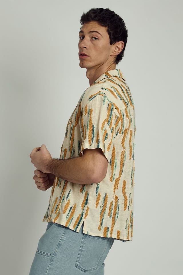 Native Youth Native Youth Men's Cotton Textured Boxy Button Short Sleeve Shirt in Cream - 2