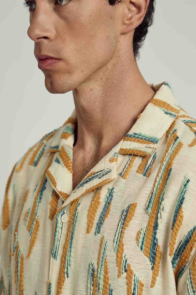 Native Youth Native Youth Men's Cotton Textured Boxy Button Short Sleeve Shirt in Cream - 3